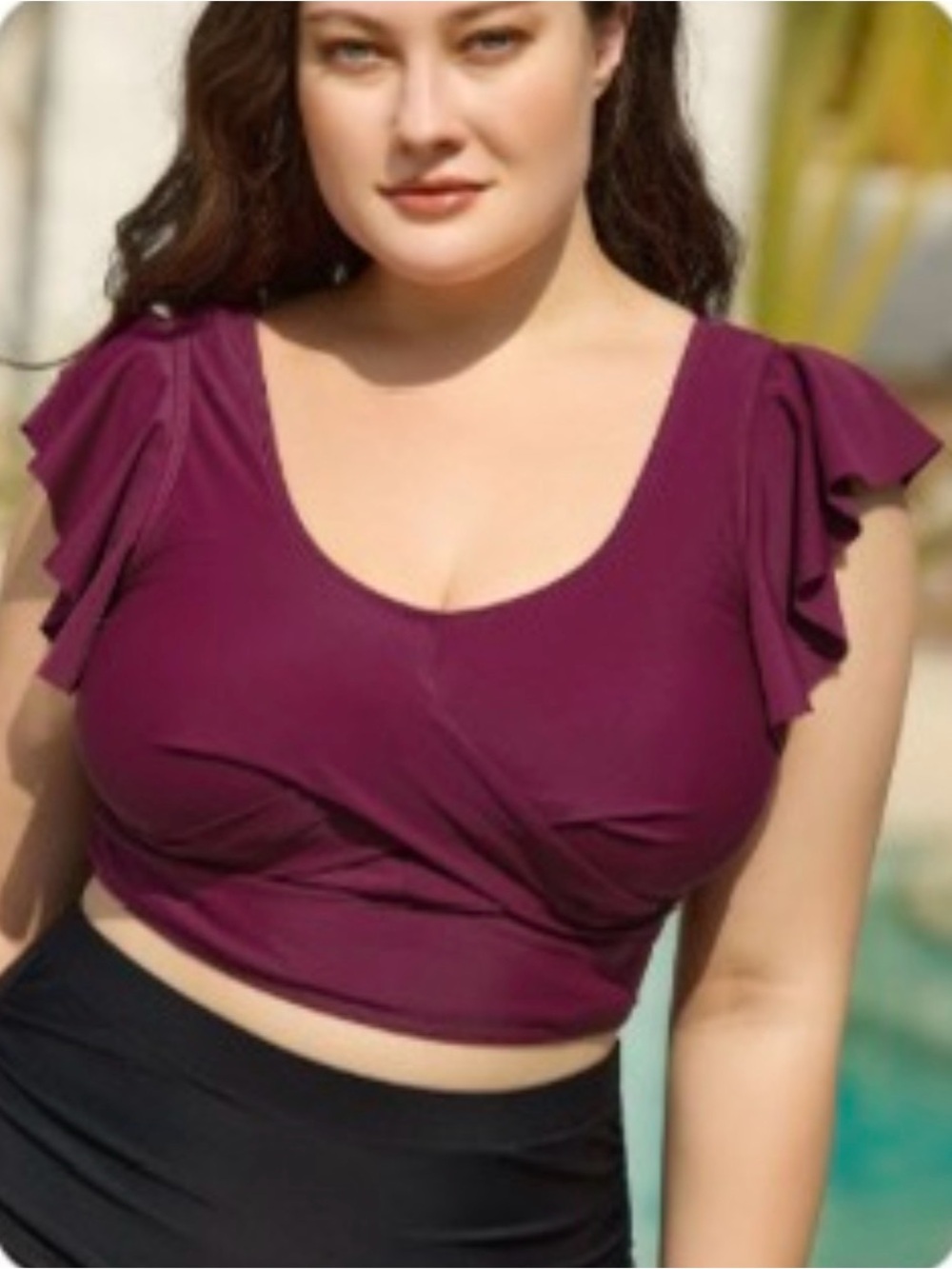 Women's Ruffle Sleeve Scoop Neck Swim Top and Flowy Asymmetrical Skirt